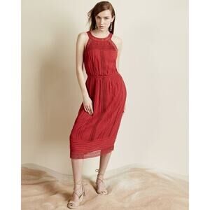 $328 Joie Brick Red Dance Pintucked Eyelet Halter Midi Dress Small NEW